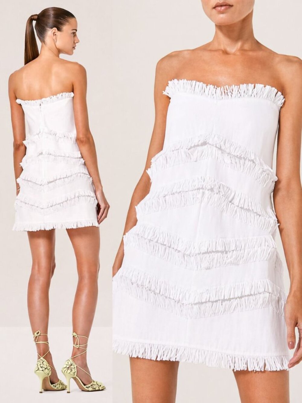 Alexis Fione Dress White Raffia Fringe Strapless‎ Mini Size L - Picture 12 of 14